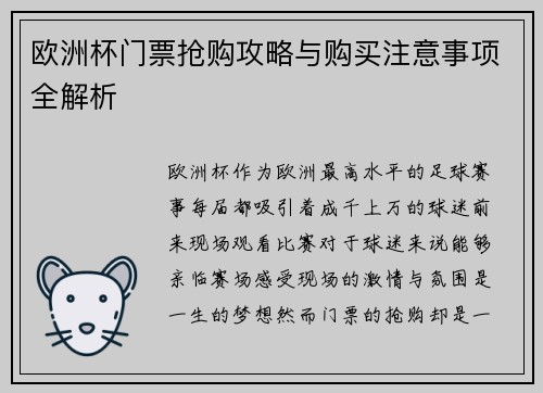 欧洲杯门票抢购攻略与购买注意事项全解析